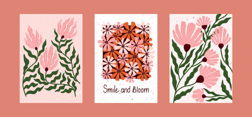 Hand drawn floral wall art with pink and orange flowers. Modern botanical posters with blooming wildflowers, textured petals, and green leaves. Minimal and trendy home decor illustration.