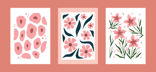 Hand drawn floral posters in minimal style. Modern flower wall art with simple pink blooms and green leaves. Cute botanical design for print, card, and decor.