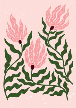 Hand drawn floral illustration with bold pink petals and wavy green leaves. Playful dotted texture and whimsical botanical forms on soft pastel background. Perfect for modern prints, wall decor