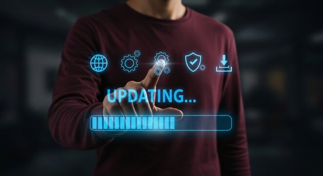 Update software application upgrade technology concept. Software update or Operating system, patch update, updating progress bar, Install app patch, new version, Improved security, program downloading