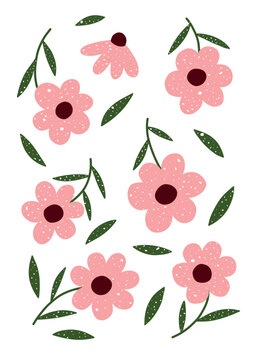 Hand drawn floral design with playful pink flowers and green leaves on a clean white background. Minimal, modern, and cheerful style for wall art, nursery decor, or digital use.