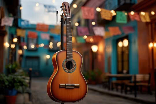 Classical guitar on a stand in a festive street setting for musical events and cultural celebrations
