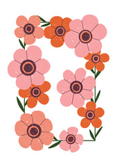 Whimsical hand drawn floral frame with soft pink and orange tones.