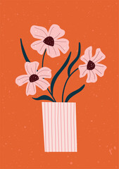 Whimsical flowers in a striped vase on bright orange background. Playful and hand drawn.
