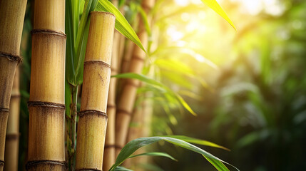 Close-up of sugar cane plant with vibrant green leaves and tall stalks in a tropical plantation. Organic farming, healthy growth under bright sunlight, symbolizing sustainable crop harvest and nature’