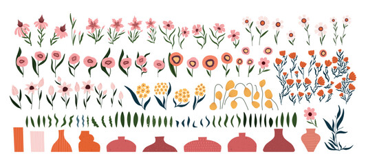 Hand drawn flower creator kit with floral elements, leaves and vases. Mix match design set for making bouquets, floral compositions and modern botanical art. Perfect for posters, greeting cards