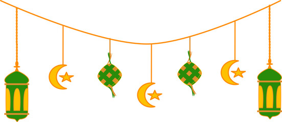 Festive Eid Garland with Lanterns, Moons, and Ketupat Decorations