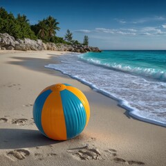 Obraz premium Beach ball on sandy shore with ocean view, summer vacation concept. use for travel blogs, summer promotions, and beach related content.