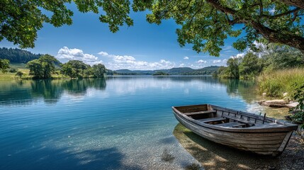 Obraz premium Serene lake view with a wooden boat under a bright blue sky. AI-generated.