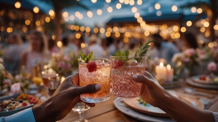 Cheers with cocktails at a festive outdoor gathering. AI-generated.