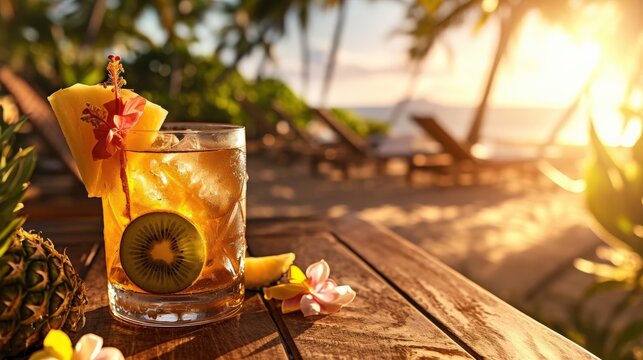 Tropical cocktail on a wooden table with a beach sunset backdrop. AI-generated. - Powered by Adobe