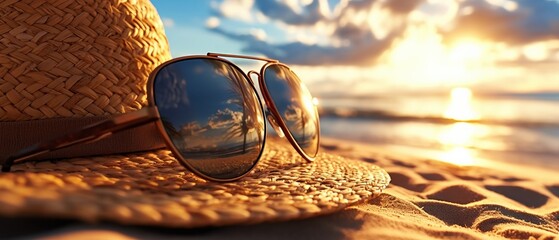 Sunglasses and straw hat on a beach at sunset. AI-generated.