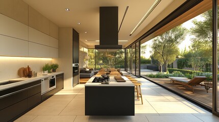 Modern open-plan kitchen with outdoor patio view.  Spacious, contemporary kitchen design with large windows showcasing a lush garden and patio area.