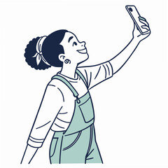 Happy girl taking selfie with smartphone on white background