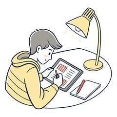 Boy studying with tablet and desk lamp on white background