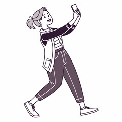 Happy woman taking selfie with smartphone, clean cutout, transparent background