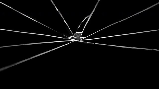 Close-up of shattered glass with a central hole and radiating cracks. Broken glass black texture. Cracked and Shattered black glass. Glass destruction.