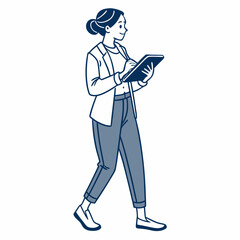 Woman walking using tablet digital device modern technology