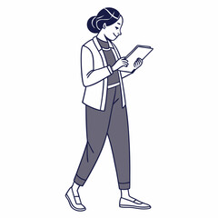 Young woman walking while using tablet digital device