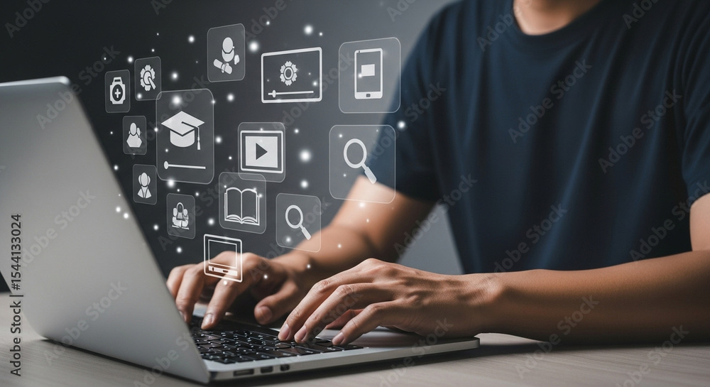 Aufkleber Man typing on laptop with education and learning icons floating above the keyboard and screen area