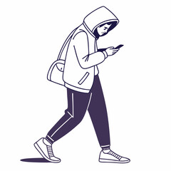 Person walking while using smartphone hooded jacket bag