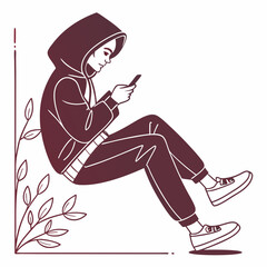 Young person in hoodie using smartphone sitting casually