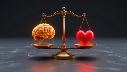 3d render of a balanced scale with a glowing brain on one side and a glowing heart on the other, representing work life balance or emotional intelligence in business, on a dark, elegant background