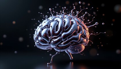 3d render illustration of a brain made of interconnected liquid chrome, symbolizing fluid intelligence and adaptive business strategy, on a dark, elegant background, insanely detailed