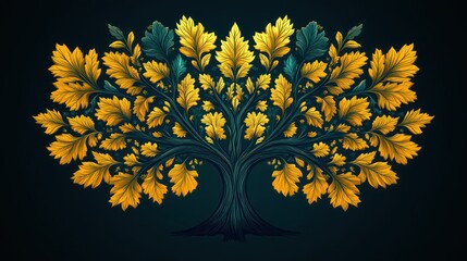 Ornate, stylized tree with golden, vibrant leaves and teal accents on dark background.