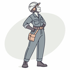 Confident female worker in grey jumpsuit and helmet