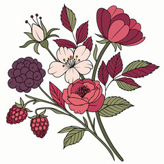Elegant floral bouquet with roses raspberries and blackberries