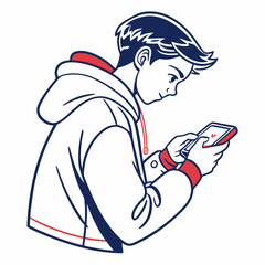 Young man in hoodie using smartphone social media
