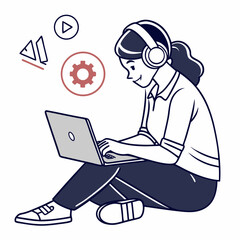Woman with headphones working on laptop, clean cutout, transparent background