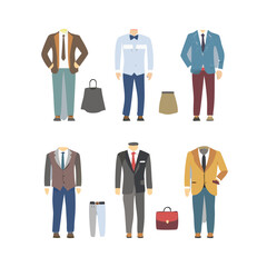 Six professional male outfit illustrations isolated on white background