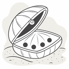 Open clam shell with pearls on sandy beach illustration