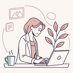 Woman working on laptop computer at desk with coffee and plant