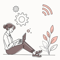 Woman working on laptop outdoors nature wifi gears