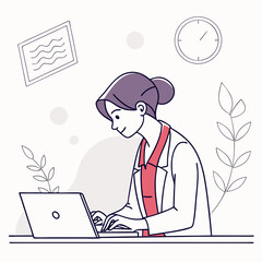 Woman working on laptop in minimalist office setting