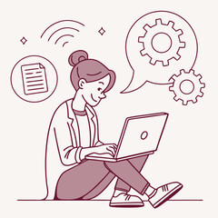 Woman working on laptop, wireless connection, gears, document