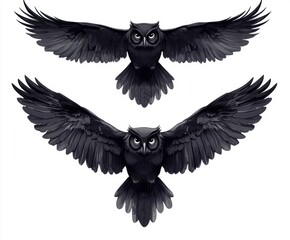 Fototapeta premium Two Black Owls in Flight: A Stunning Illustration