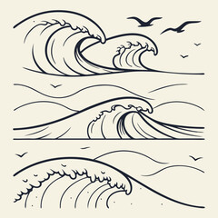 Ocean waves line art illustration set three styles birds flying