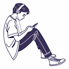 Young person sitting listening to music on headphones using smartphone