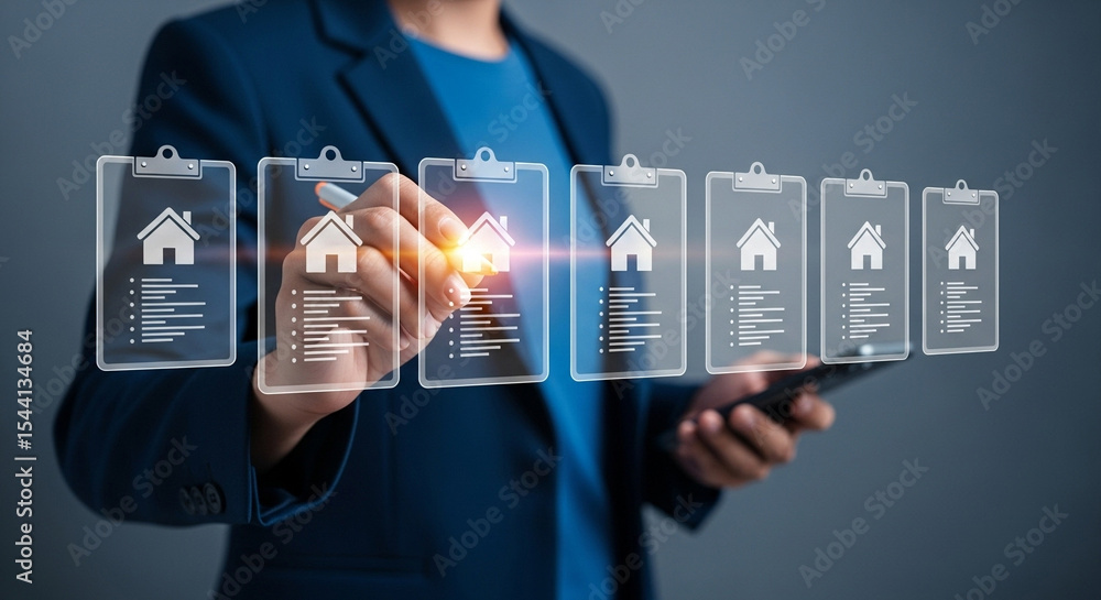 Poster Person in suit interacting with house icons on clipboards in a digital interface display setting