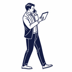 Businessman walking talking phone tablet digital device