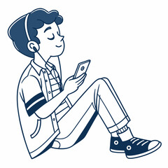 Boy listening to music on headphones using smartphone