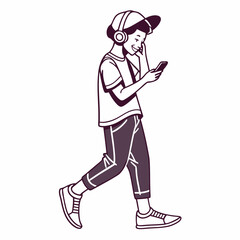 Teenager walking listening music smartphone headphones