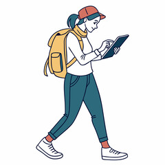 Young woman walking uses tablet backpack travel