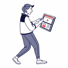 Young person walking using tablet watching video online