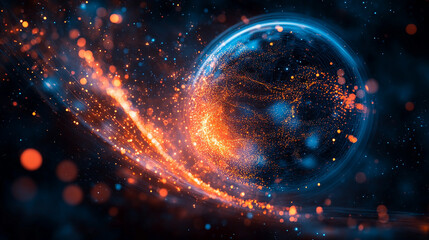 Pulsating wireframe sphere with coded lights glows against a dark background. Abstract digital network visualization symbolizing data flow, connectivity, and futuristic technology. Space for caption.
