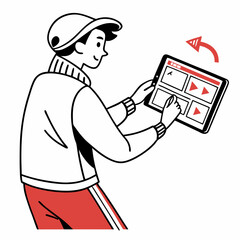 Young man using tablet scrolling through video clips